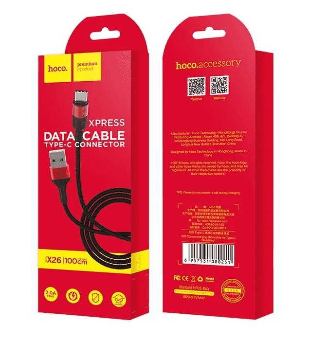 Usb Кабель-зарядка Type-C Hoco X26 Xpress 3A 1м в тканевой оплётке красно-чёрный