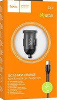 Автомобильное заряд. устр. Hoco Z43 1USB QC3.0 с шнуром Type-c, черное