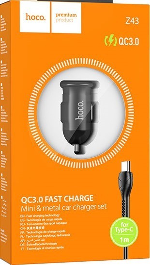 Автомобильное заряд. устр. Hoco Z43 1USB QC3.0 с шнуром Type-c, черное
