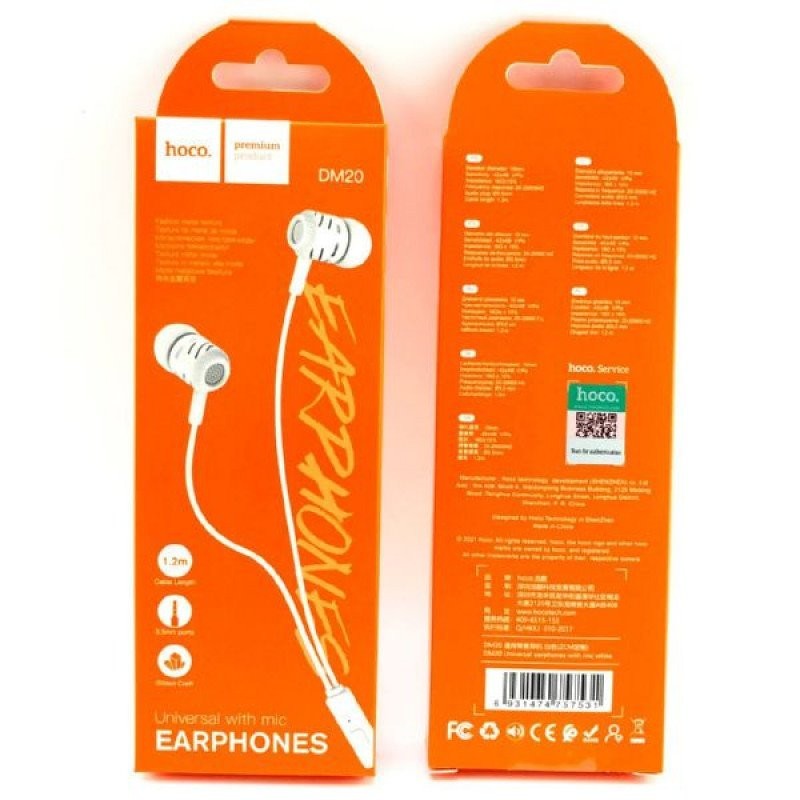 Наушники с микрофоном Hoco DM20 1.2м белые