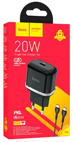 Сетевое зар. устр. Hoco N24 с шнуром Type-C на Type-C 1C 20W черное