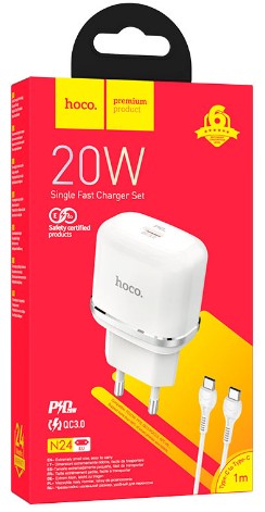 Сетевое зар. устр. Hoco N24 с шнуром Type-C на Type-C 1C 20W белое