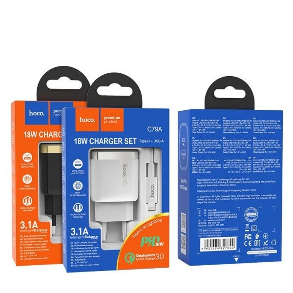 Сетевое зар. устр. Hoco C79A с шнуром Type-C на Lightning 1USB/1С PD3.0/QC3.0 3A 18W черное