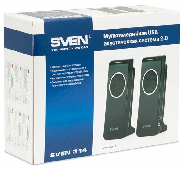 Акустическая система 2.0 Sven 314 2х2Вт пластик черная