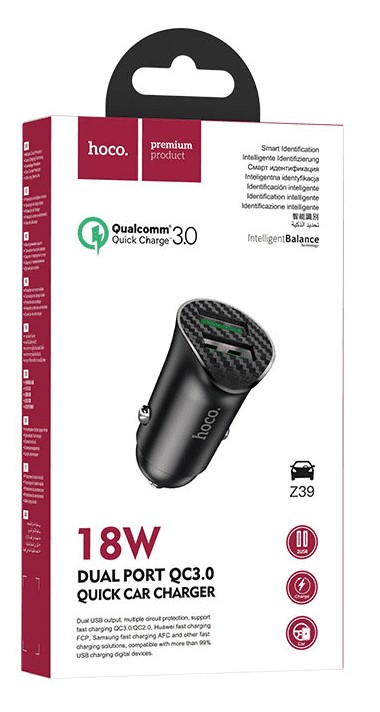 Автомобильное заряд. устр. Hoco Z39 2USB 18W 3A QC3.0 черное