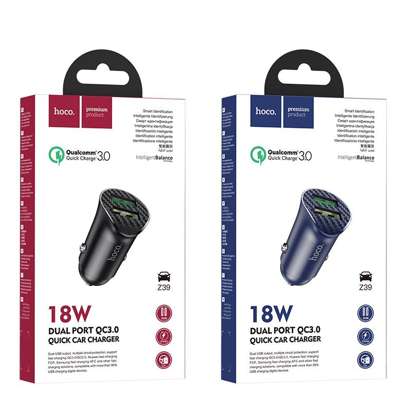 Автомобильное заряд. устр. Hoco Z39 2USB 18W 3A QC3.0 черное