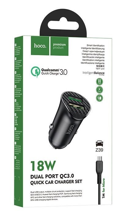 Автомобильное заряд. устр. Hoco Z39 с шнуром Micro 2USB 18W 3A QC3.0 черное Автомобильное заряд. устр. Hoco Z39 с шнуром Micro 2USB 18W 3A QC3.0 черное