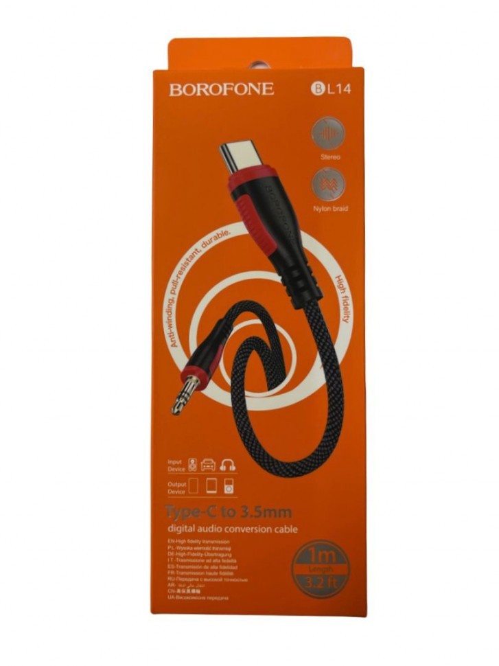 Кабель-переходник Borofone BL14 Type-C (папа) на AUX 3.5мм (папа) 1м тканевой оплёт красно-черный