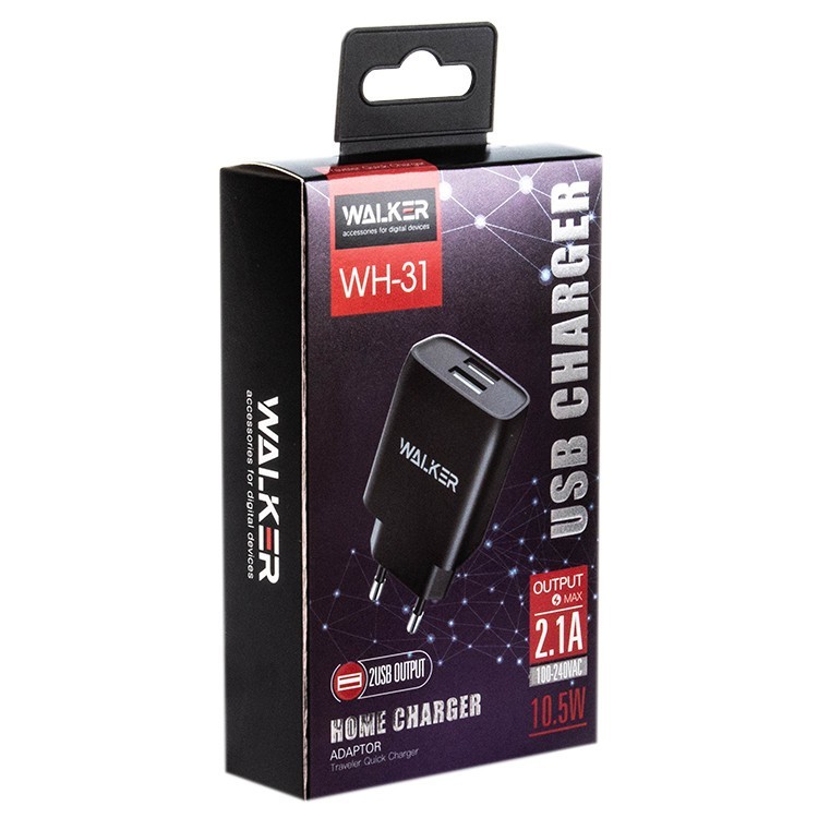 Сетевое зар. устр. Walker WH-31 2USB 10.5W черное