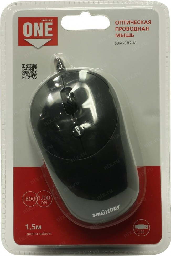 Мышь проводная Smartbuy ONE 382 USB/DPI 800-1200/4 кнопки/1.5м (SBM-382-K) черная