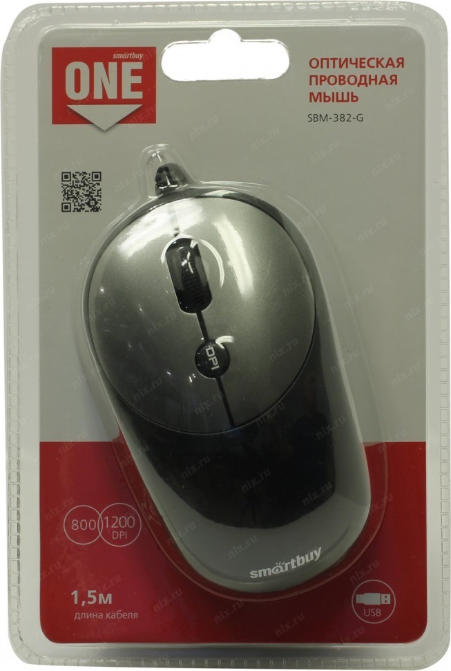 Мышь проводная Smartbuy ONE 382 USB/DPI 800-1200/4 кнопки/1.5м (SBM-382-G) черно-серая