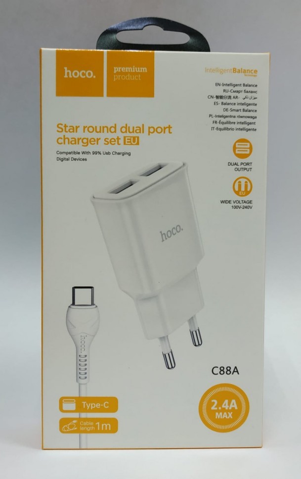 Сетевое зар. устр. Hoco C88A 2USB 2.4A с шнуром Type-C белое