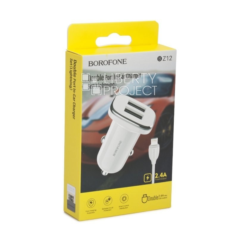 Автомобильное заряд. устр. Borofone BZ12 с шнуром Lightning 2USB 2.4A белое