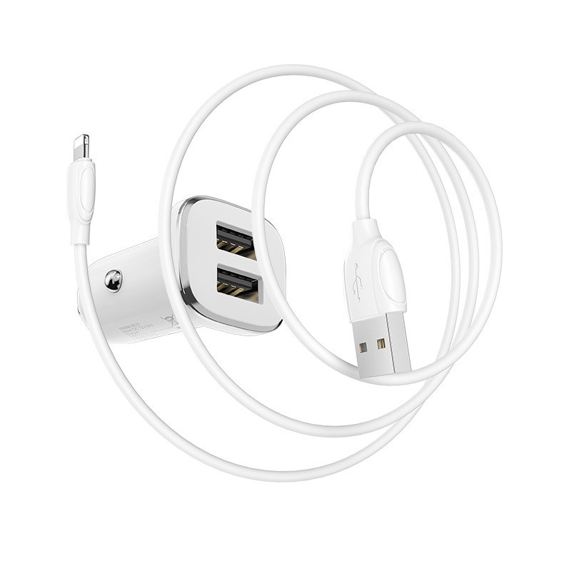 Автомобильное заряд. устр. Borofone BZ12 с шнуром Lightning 2USB 2.4A белое