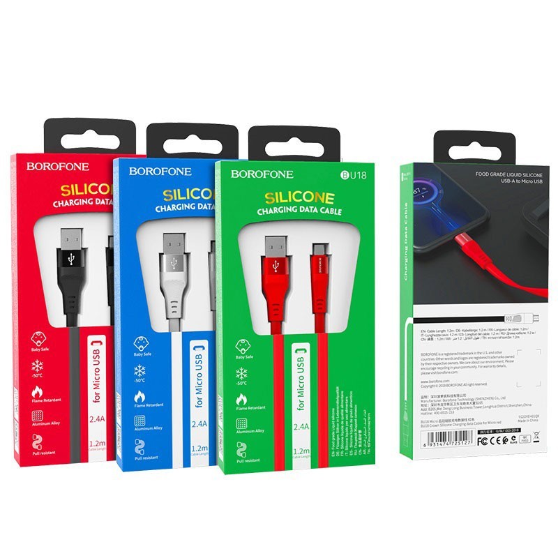 Usb Кабель-зарядка Micro Borofone BU18 Crown silicone 2.4A 1.2м плоский силиконовый белый