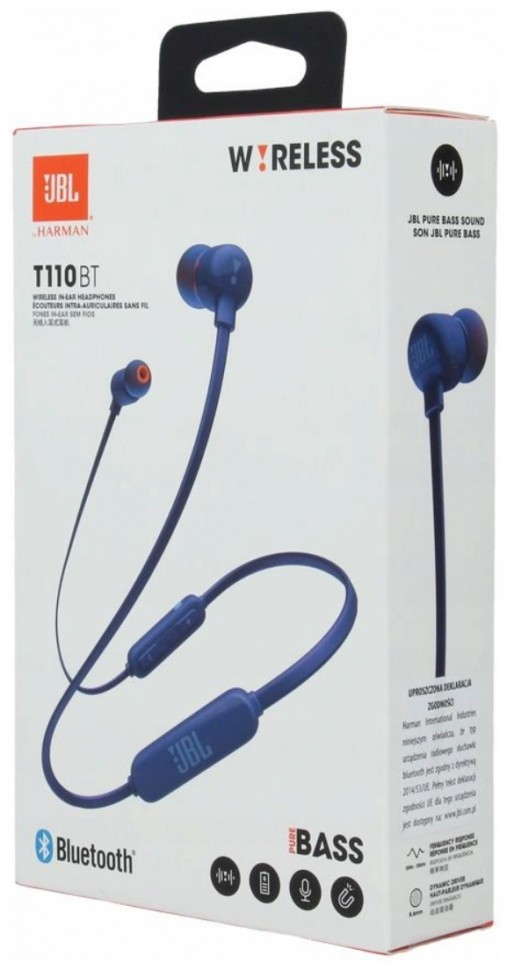 Беспроводные наушники для спорта JBL T110BT BT4.0/120mAh/6ч синие