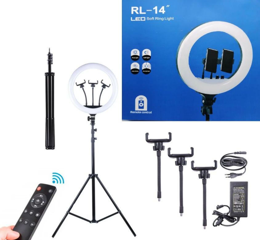 Светодиодная кольцевая лампа для селфи + штатив RL-14 35см с пультом черный
