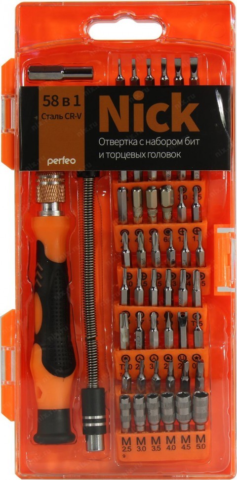 Отвертка с набором бит и торцевых головок Perfeo Nick 58в1