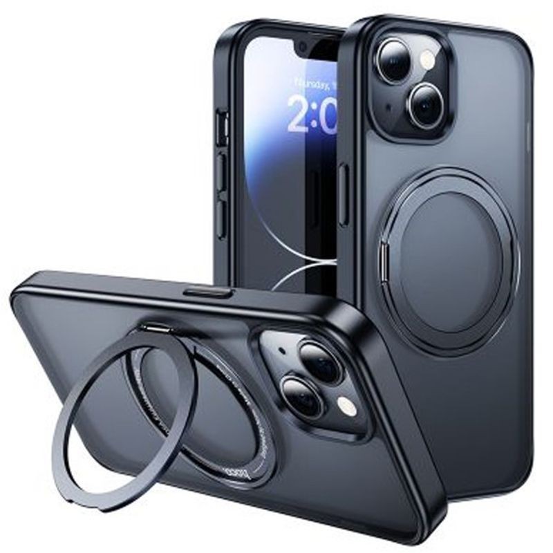 Накладка для i-Phone 15 Hoco Stand Magnetic матово-прозрачный чёрный с кольцом 360°