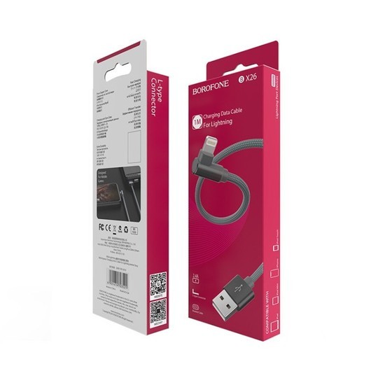 Usb Кабель-зарядка Lightning Borofone BX26 Express 2.4A 1м боковой в тканевой оплётке серый