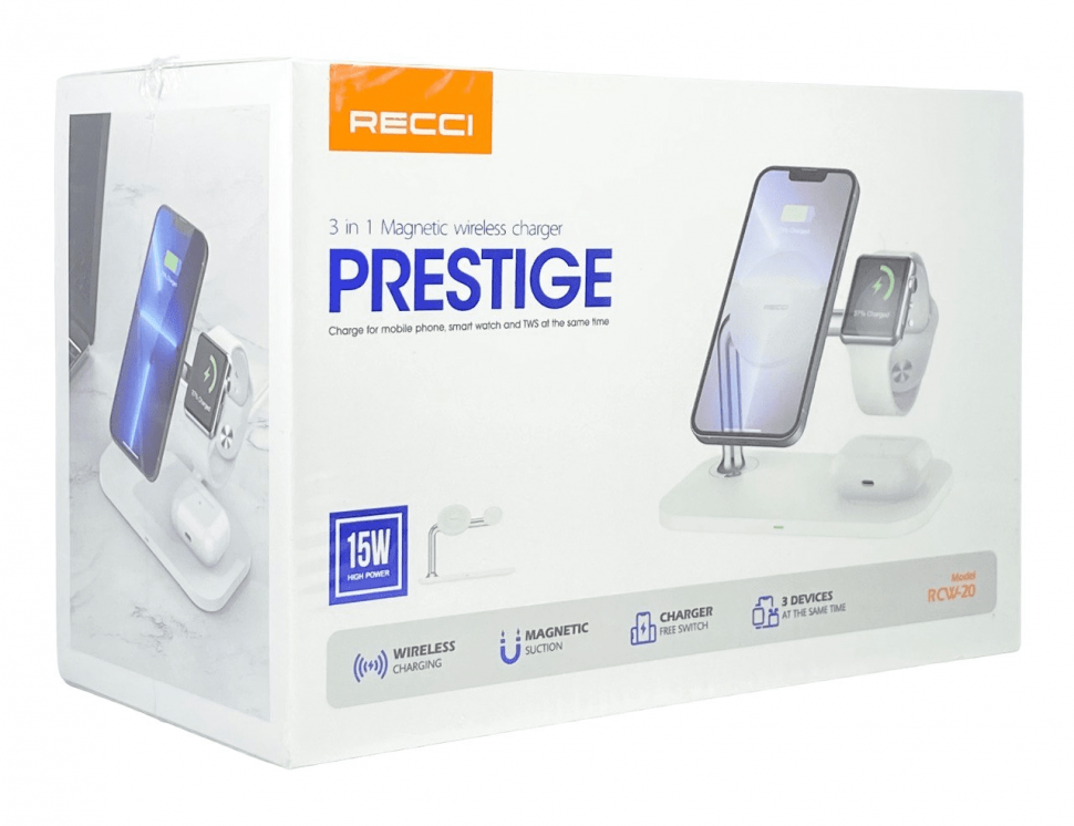 Беспроводное зарядное устройство Recci RCW-20 3в1 для Phone/Watch/Pods 5W/7.5W/10W/15W белое
