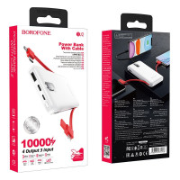 Powerbank Borofone BJ2 10000mAh с шнуром Type-C/Lightning/Micro 2USB/1C 2A с дисплеем белый