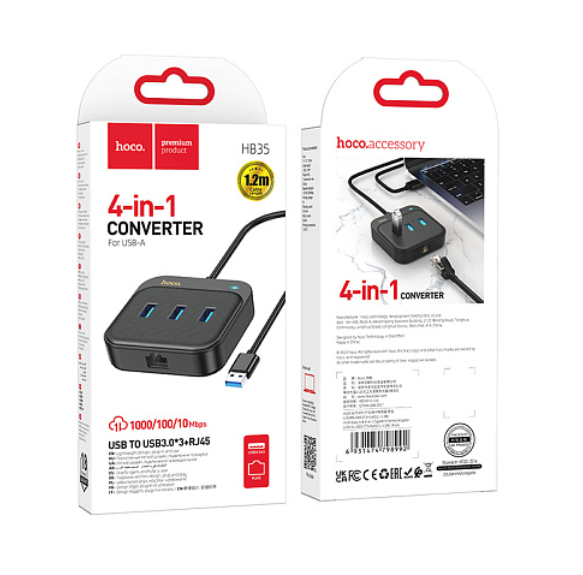 USB-хаб Hoco HB35 3xUSB3.0/RJ45 1.2м черный