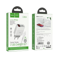 Сетевое зар. устр. Hoco C86A с шнуром Lightning 2USB 2.4A дисплей белое
