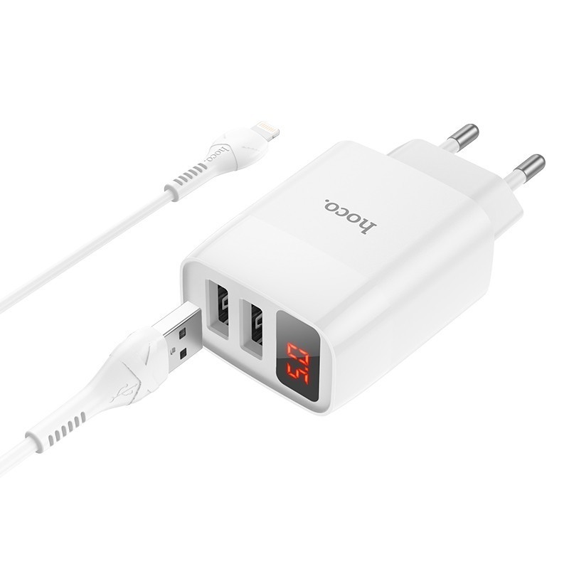 Сетевое зар. устр. Hoco C86A с шнуром Lightning 2USB 2.4A дисплей белое