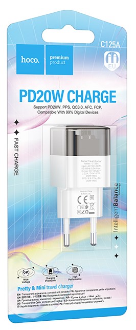 Сетевое зар. устр. Hoco C125A с шнуром Type-C на Type-C 1C 3A 20W черно-белое