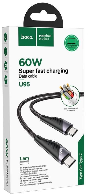 Usb Кабель-зарядка Type-C на Type-C Hoco U95 Freeway 3A 60W 1.5м в нейлоновой оплетке черный