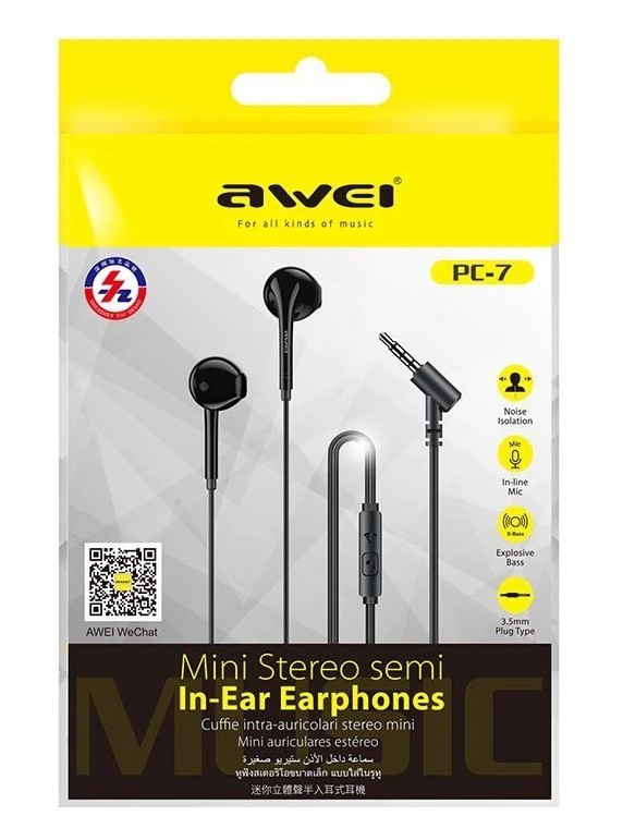 Стереонаушники AWEI с микрофоном PC-7 1.2м угловой белый