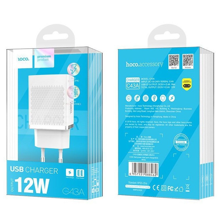 Сетевое зар. устр. Hoco C43A 2USB 2.4A 12W белое Сетевое зар. устр. Hoco C43A 2USB 2.4A 12W белое
