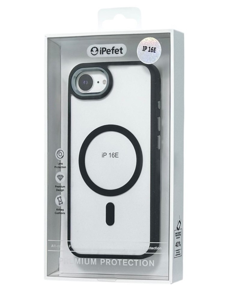 Накладка для i-Phone 16E iPefet case MagSafe силикон прозрачный бока черные