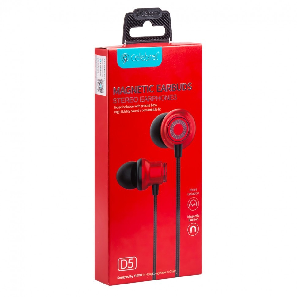 Наушники с микрофоном Celebrat D5 1.2м магнитный в оплётке TPE красный
