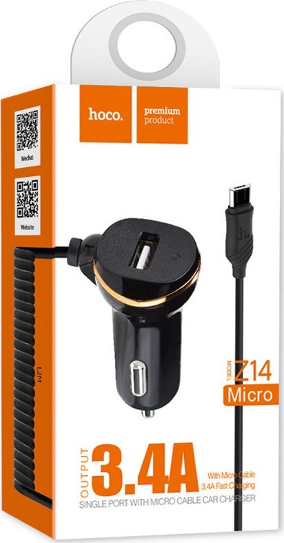 Автомобильное заряд. устр. Hoco Z14 с шнуром Micro 1USB 3.4А черное