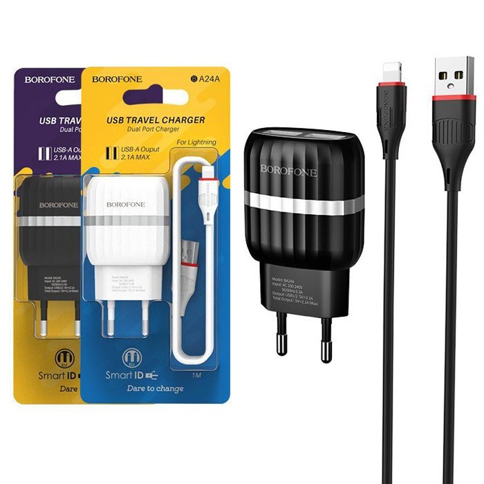 Сетевое зар. устр. Borofone BA24A с шнуром Lightning 2USB 2.4A белое