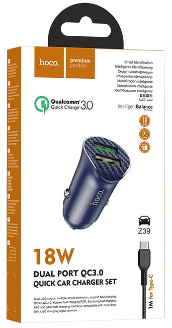 Автомобильное заряд. устр. Hoco Z39 с шнуром Type-C 2USB 18W 3A QC3.0 синее