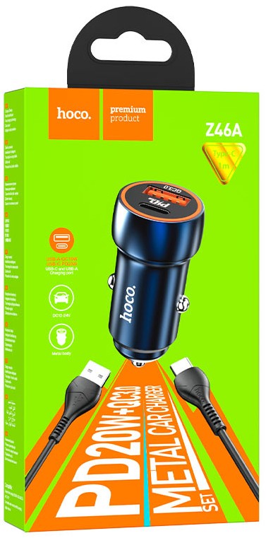 Автомобильное заряд. устр. Hoco Z46A с шнуром Type-C 1USB/1C 18W QC3.0 синее